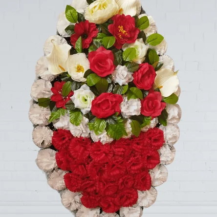 Ритуальный венок на похороны красно-белая корзина 110 см